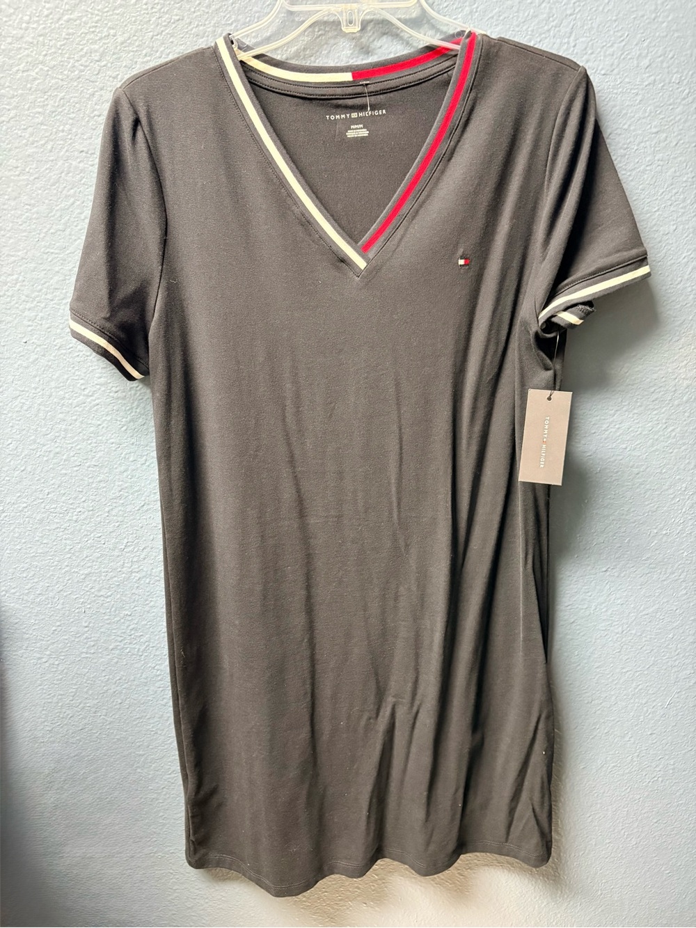 Tommy Hilfiger Navy Blue V-Neck Tee Dress with Stripe Trim - Picture 1 of 5